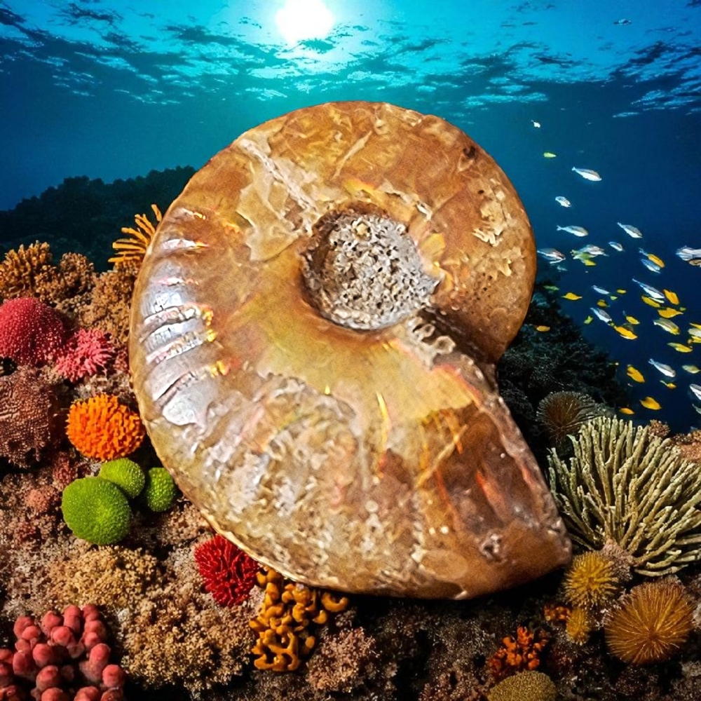 Ammonite Ancient Fossil Decor in Brown With Flashes Of Orange And Red!